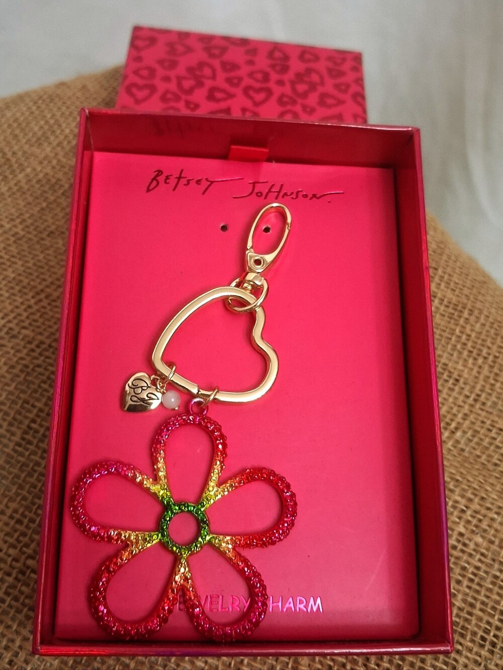 Betsey Johnson Goldtone Heart & Multicolor Glitter Flower Keychain, Purse Charm
